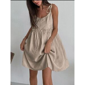 Commense Tied Shoulder Short Dress‎ Beige Linen Sundress with Tie Straps size L